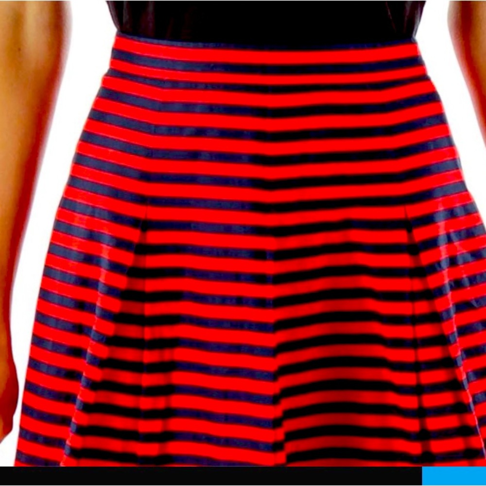 Beautiful red striped full skirt. Flattering flat waist.